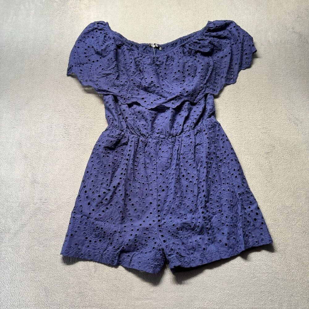 Prettygarden Womens Large Romper Blue Eyelet Off Shoulder Ruffle Boho Lined NWT
